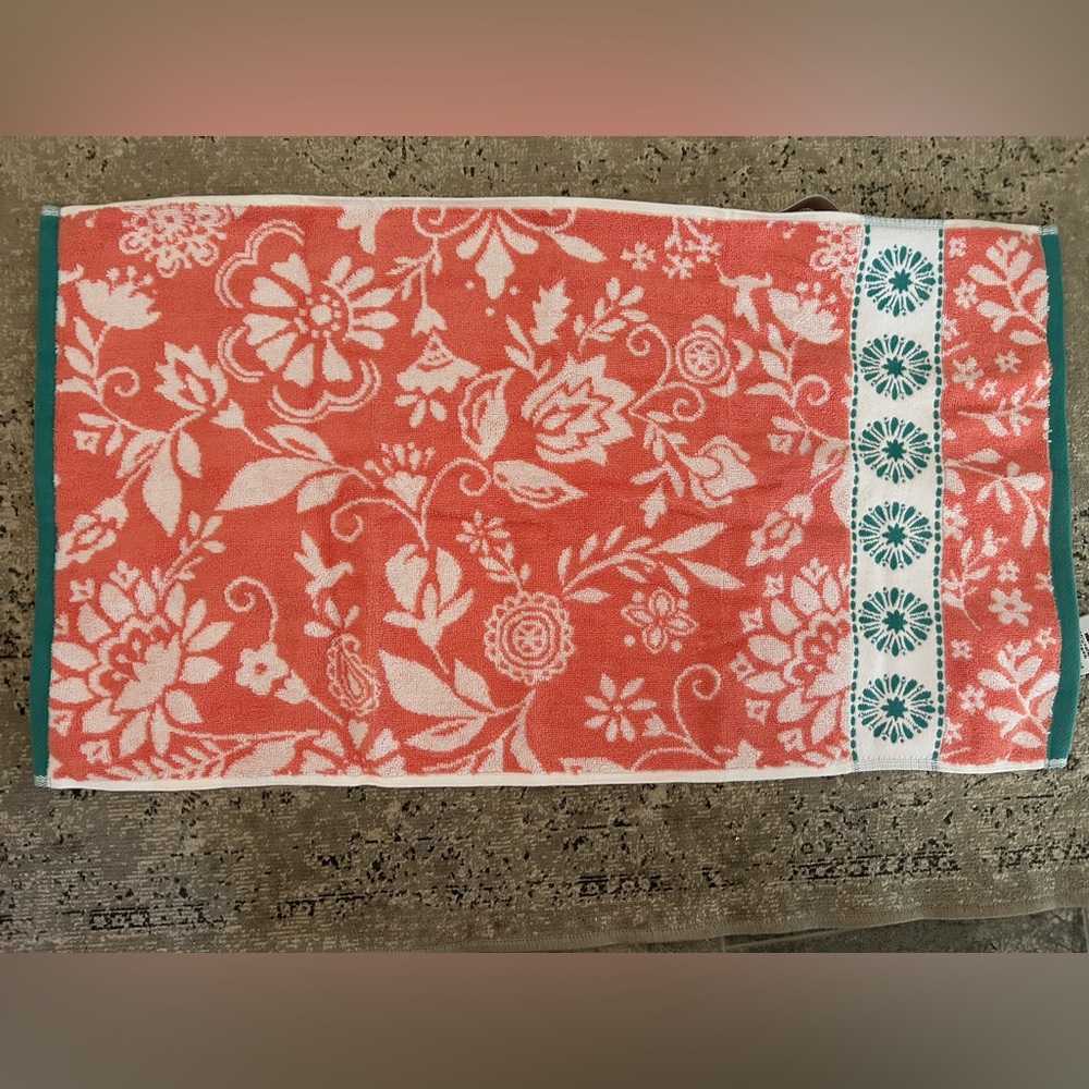 Coral Floral Jacquard HandTowel with Teal Trim